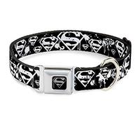 Buckle-Down Seatbelt Buckle Dog Collar - Superman Shield Splatter Black/White - 1.5" Wide - Fits 18-32" Neck - Large