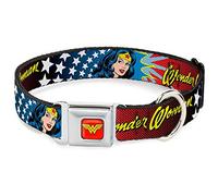 Buckle-Down Seatbelt Buckle Dog Collar - Wonder Woman Face w/Stars - 1" Wide - Fits 15-26" Neck - Large
