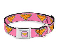 Buckle-Down Seatbelt Buckle Dog Collar - Wonder Woman Logo Pink/Blue/Yellow/Pink - 1" Wide - Fits 11-17" Neck - Medium