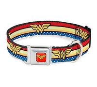 Buckle Down Seatbelt Buckle Dog Collar - Wonder Woman Logo Stripe/Stars Red/Gold/Blue/White - 1" Wide - Fits 11-17" Neck - Medium