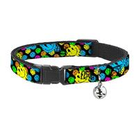 Buckle-Down Smiley Face Melted Stack, Breakaway Cat Collar with Bell, Plastic Clip, Easy Adjustable, 8.5 to 12"-0.5" Wide
