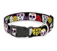 Buckle-Down Sugar Skulls & Flowers Black/Multi Color Plastic Clip Collar, 1" Wide-Fits 11-17" Neck-Medium
