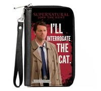 Supernatural Wallet, Zip Around, Supernatural Castiel I'LL INTERROGATE THE CAT Black/Red/White, Vegan Leather, Multicolor, 7.5"x4.5", Casual