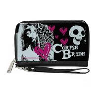 Buckle-Down The Corpse Bride Wallet, Zip Around, The Corpse Bride Emily Hearts and Skull Black White Pink, Vegan Leather