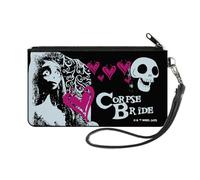 Buckle-Down The Corpse Bride Wallet, Zip Pouch, The Corpse Bride Emily Hearts and Skull Black White Pink, Canvas