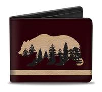 Buckle-Down Wallet, Bifold, Cali Bear Silhouette with Trees Stripe Burgundy Tan Black, Vegan Leather, Burgundy, 4.0" x 3.5", Casual