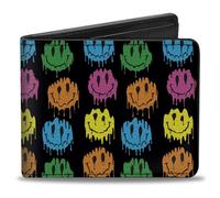 Buckle-Down Wallet, Bifold, Smiley Faces Melted Mini Repeat Black Multi Neon, Vegan Leather, Smiley Face, 4.0" x 3.5", Wallet