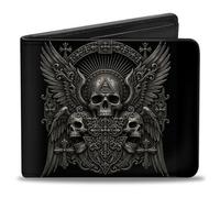 Buckle-Down Wallet, Bifold, Third Eye Skull Wings and Crosses Black Grays, Vegan Leather