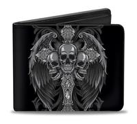 Buckle-Down Wallet, Bifold, Winged Cross and Skull Trio Black Grays, Vegan Leather