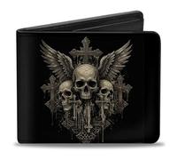 Buckle-Down Wallet, Bifold, Winged Skulls and Crosses Black Grays, Vegan Leather