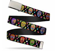 Buckle-Down Web Belt - Colorful Calaveras Black/Multi Color, Multicolor, 1.5" Wide/Fits up to 42" Pant Size