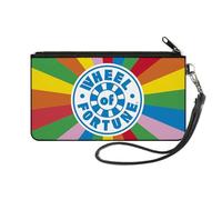 Buckle-Down Wheel of Fortune Wallet, Zip Clutch, Wheel of Fortune Logo and Wedge Rays Rainbow White Blue, Canvas, Multicolor, S, Casual