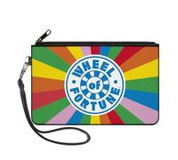 Buckle-Down Wheel of Fortune Wallet, Zip Clutch, Wheel of Fortune Logo and Wedge Rays Rainbow White Blue, Canvas, Multicolor, L, Casual