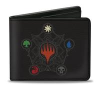 Buckle-Down Wizards of the Coast Bifold Wallet with Standard Billfold and Card Slots, Magic the Gathering Planeswalker Mana Pentagon and Logo Multi Color, Vegan Leather, Black, 4.0" x 3.5", Casual