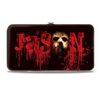 Buckle-Down Women's Standard Hinge Wallet-Friday the 13th Jason, 7" x 4" | Friday the 13th Jason Mask Splatter Walking Pose Black Reds Credit Card Slots Vegan Leather