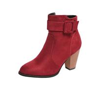 Buckle Strap Ankle Boots for Women Suede Block Heel Inner Zip Almond Toe Stacked High Heel Side Pull Tab Ladies Casual Comfort Fashion Dress Footwear UK Red, Size 5