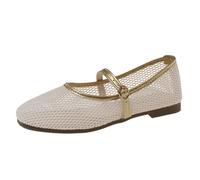 Buckle Strap Mesh Ballet Flats for Women Size 4 Comfy Breathable Shoes Casual Fishnet Ballerina Shoes Buckled Straps Mesh Mary Jane Flat Low Heels Work Party Wedding Daily Gold Gift
