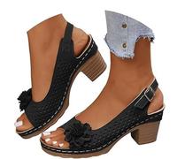 Buckled Square Heel Sandals for Women, Peep Toe Cutout Chunky Heeled Sandals Low Slingback Peep Toe Dress Sandal Wedge Shoes (Black,4.5)