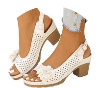 Buckled Square Heel Sandals for Women, Peep Toe Cutout Chunky Heeled Sandals Low Slingback Peep Toe Dress Sandal Wedge Shoes (White,6)