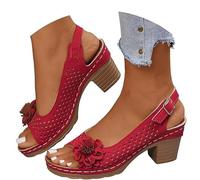 Buckled Square Heel Sandals for Women, Peep Toe Cutout Chunky Heeled Sandals Low Slingback Peep Toe Dress Sandal Wedge Shoes (Red,4)