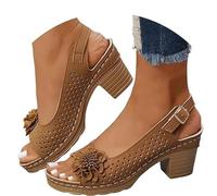 Buckled Square Heel Sandals for Women, Peep Toe Cutout Chunky Heeled Sandals Low Slingback Peep Toe Dress Sandal Wedge Shoes (Brown,4.5)