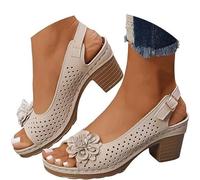 Buckled Square Heel Sandals for Women, Peep Toe Cutout Chunky Heeled Sandals Low Slingback Peep Toe Dress Sandal Wedge Shoes (Beige,7)