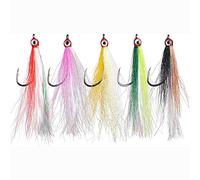 Bucktail Teasers Fishing Hook Saltwater Fishing Jig Hooks 5pcs Teaser Lures High Carbon Steel Hook with Crystal Flash Feather Fluke Rig Fly Fishing Bass Sea Lures (5pcs Bucktail Teasers with 3D Eyes)