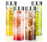 BUCOMTU 4 Packs 500ml Graduated Glass Bottles, Smoothie Cups with Stainless Steel Lid, Reusable Glass Water Bottles, Suitable for Smoothies, Juices, Milk, Coffee