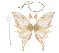 BUCOMTU Fairy Wings Costume Butterfly Wings Fairy Costume Women with Elf Eyes, Fairy Headband and Stars Fairy Sticks for Fancy Dress or Fairy Theme Parties Halloween Christmas Role Play (Gold)