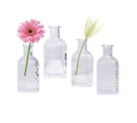 Bud Vases in Bulk Set of 4 - Small Glass Clear Square Vase EylKoi Different Embossed Shape Vintage Mini Tiny Flower Vases Modern Cute for Home Table Wedding Decor Centerpieces Party Dining Room
