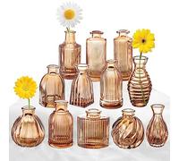 Bud Vases Set of 12, Amber Vase Small Glass Vases for Flowers Modern Ribbed Amber Glass Bud Vase for Decor Flower Vase in Bulk Vintage Decor Boho Wedding Centerpieces Rustic Home Table Decoration