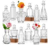 Bud Vases Set of 12, Clear Glass with 8 Stoppers, Small Vases for Flowers, Embossed, Vintage Bottle for Table Decor & Wedding Centerpiece