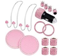 BUDDE 15 Pack Pink Car Accessories Set for Women - Bling Head Rest Rings, Adapter Charger, Hangers, Cup Coaster, Tire Valve Covers, Ignition Ring