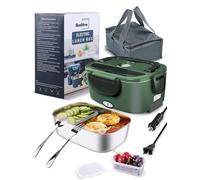 Buddew Electric Heated Lunch Box for Adults - 80W Fast Heating, 1.5L Food-Grade Stainless Steel, 12V/24V/110V Portable Food Warmer for Work Travel Car, Lonchera Electrica Portatil