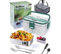 Buddew Electric Lunch Box 80W Food Heater 3 in 1 12V/24V/110-230V Portable Lunch Warmer(1.8L Large-Capacity) Heated Lunch Box for Car/Truck/Office with Carry Bag and Fork Spoon (Green)