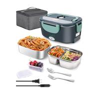 Buddew Electric Lunch Box 80W Food Heater with Dual Container, Portable Lunch Warmer for Adults, Upgraded Heated Lunch Box for Car/Truck/Office with SS Fork&Spoon and Insulated Carry Bag (Green)