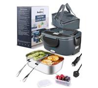 Buddew Electric Lunch Box 80W Lunch Heater for Adults, 12/24/110-230V Portable Food Warmer for Travel & Work, 1.5L, Loncheras para Hombres de Trabajo (Gray+Black)