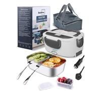 Buddew Electric Lunch Box 80W Lunch Heater for Adults, 12/24/110-230V Portable Food Warmer for Travel & Work, 1.5L, Loncheras para Hombres de Trabajo (White+Gray Handle)