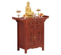Buddha Altar Table, Bamboo Pooja Cabinet with Storage, Chinese Meditation and Prayer Table with Spacious Top and Ancient Carvings for Living Room or Study