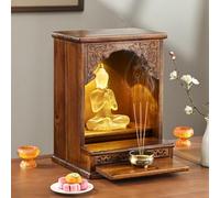 Buddha Altar Table Hand-Carved Solid Wood Display Cabinet with Pull-Out Drawer for Incense, Modern Personal Shrine Table, Wall Mounted or Desktop