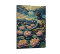 Buddha Among Pink Lotus Flowers In Van Gogh Style Wall Art, Artistic Decor For Home And Meditation Room Artistic Wall Mural Modern Hanging Decor Poster12x18inch(30x45cm)