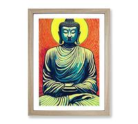 Buddha And The Sun Framed Print | A4 Oak Framed Wall Art | Ready to Hang | Modern Religious Picture | Living Room Bedroom Lounge Office