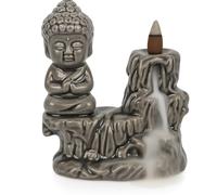 Buddha Backflow Incense Burner Waterfall - Ceramic Aromatherapy Holder 17x12 cm for Relaxation, Meditation & Home Décor - Use with Backflow Cones for Soothing Smoke Cascade (Grey)