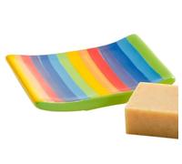 Buddha-Buddha Rainbow Striped Ceramic Bathroom Set, Soap Dish, Modern Bath Accessories, Glazed Finish, Multicolor with Green Trim, 10 x 12 x 2 cm