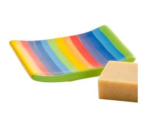 Buddha-Buddha Rainbow Striped Ceramic Bathroom Set, Soap Dish, Modern Bath Accessories, Glazed Finish, Multicolor with Green Trim, 10 x 12 x 2 cm