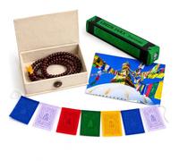 Buddha-Buddha Spiritual Buddhist Gift Set, 108 Prayer Mala Beads in Lokta Box, Green Tara Incense, Tibetan Prayer Flags, Meditation