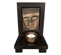 Buddha Head Tea Light Candle Holders, Meditation Zen Stone Candle Holder with Wood Shelf Base for Spiritual Room Yoga Club Decor Ornament(Bronze)