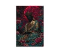 Buddha In Golden Robe Amidst Flowers And Red Moon Wall Art, Mystical Decor For Home And Meditation Room Artistic Wall Mural Modern Hanging Decor Poster08x12inch(20x30cm)