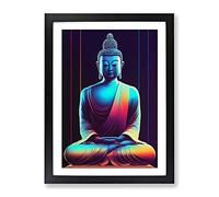 Buddha In Neon Framed Print | A2 Black Framed Wall Art | Ready to Hang | Modern Religious Picture | Living Room Bedroom Lounge Office