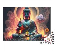 Buddha Meditation Art 1000 Piece Jigsaw Puzzle for Adults Seated Buddha Flames Lotus Challenging Hard Premium Thick Sturdy Vibrant Stress Relief Family Game 52x38cm/1000pcs